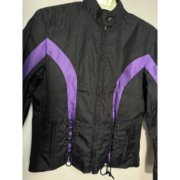 New WOMEN'S BIKER JACKET IK LEATHER BLACK & PURPLE NYLON ZIP-UP SIZE M - Picture 3 of 10